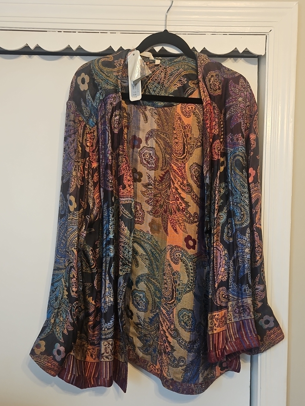 Soft Surroundings Paisley Open-Front Jacket in Black, Blue, Purple and Gold